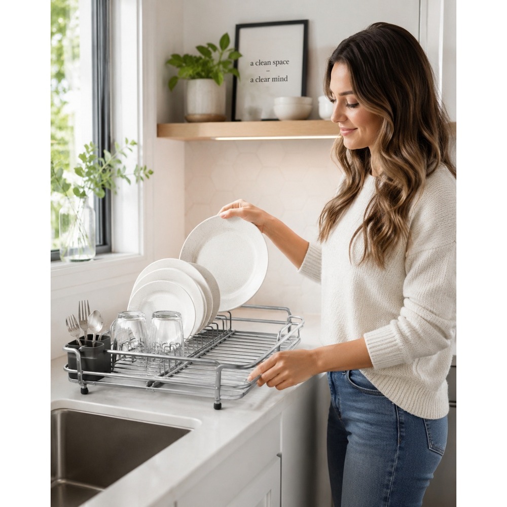 Silver Metal Dish Drying Rack‎ Countertop Kitchen Organizer Holder